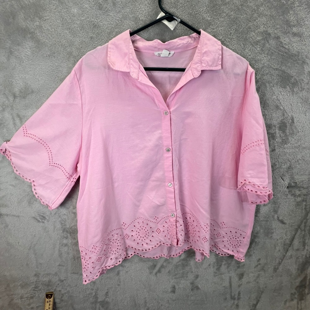 Beachlunchlounge Pink Eyelet Embroidered Button Down Shirt XL Scalloped Hem Boho